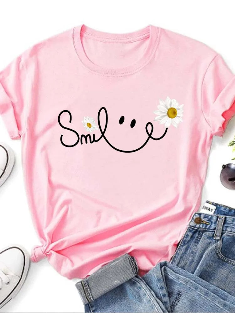 Beautiful Daisy Smile Letter Printed T Shirt