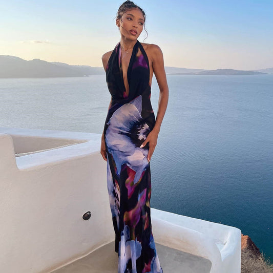 Backless Printed Neck Gown