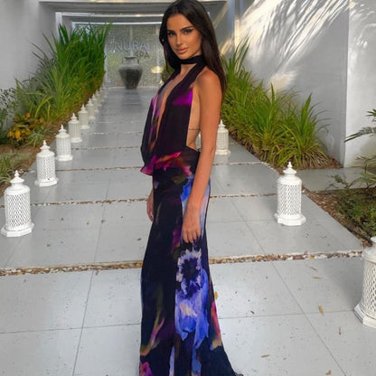 Backless Printed Neck Gown