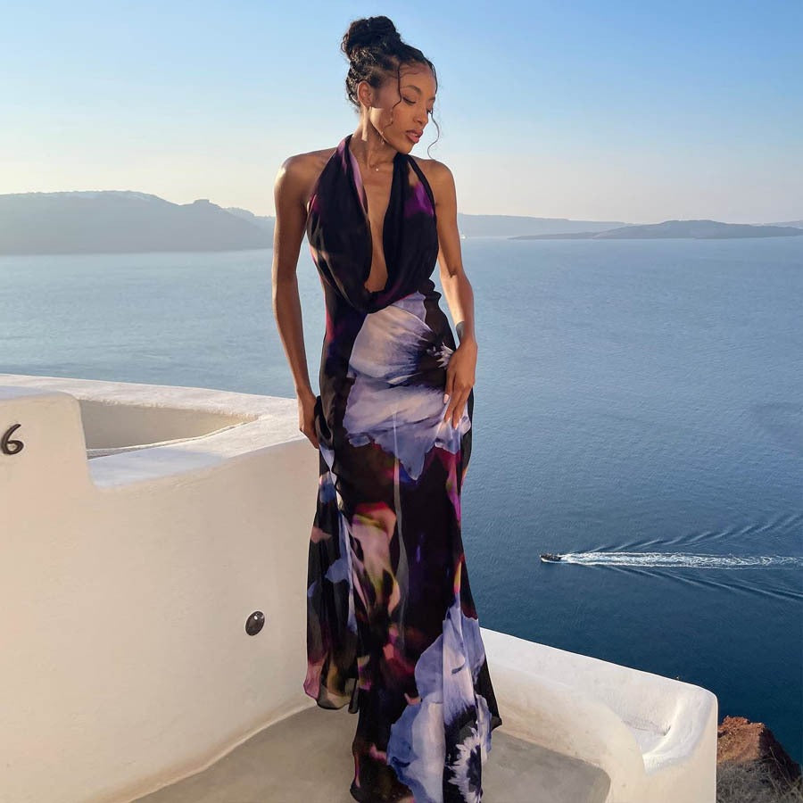 Backless Printed Neck Gown