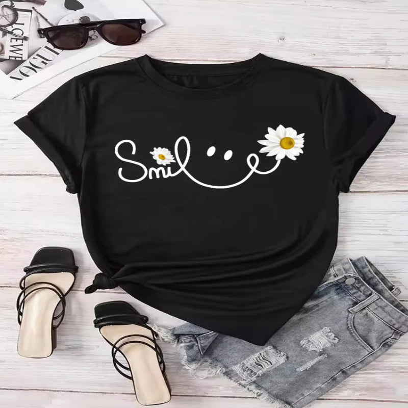 Beautiful Daisy Smile Letter Printed T Shirt
